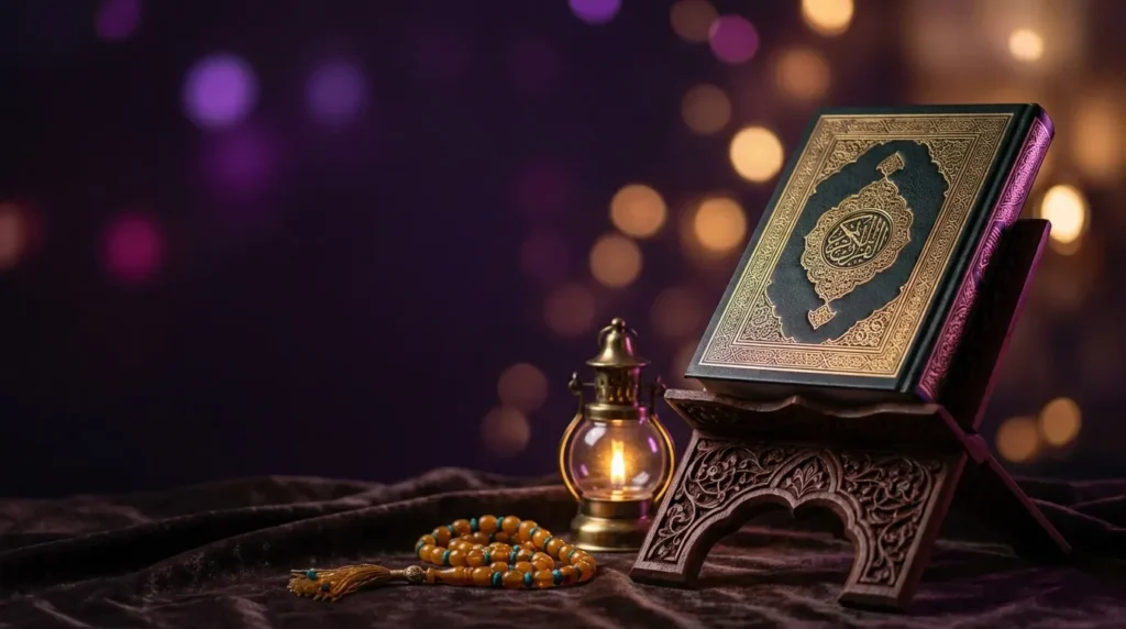 Quran on a carved stand with a lantern for Surah Mulk with Tajweed