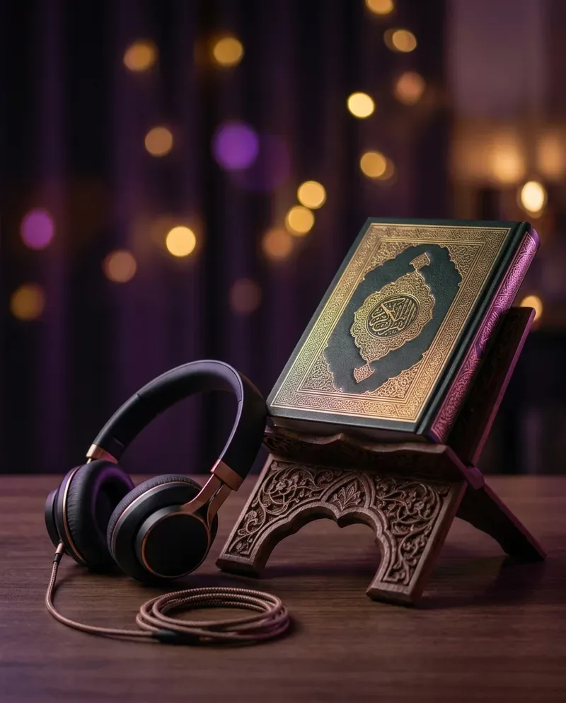 Online Tajweed course with Quran on a wooden stand and headphones