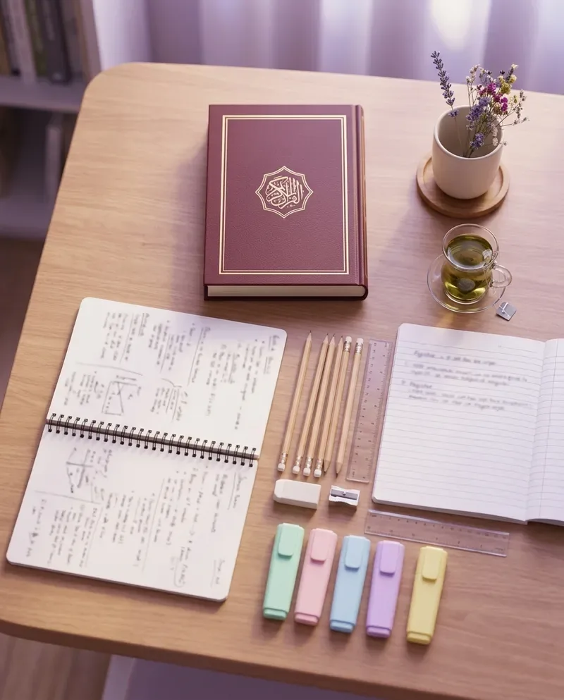Quran Tarjuma and Tafseer in Urdu study desk with notebook and Quran